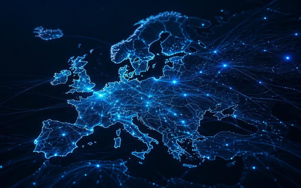 Carte de l'Europe formée de liaisons fibre lumineuses