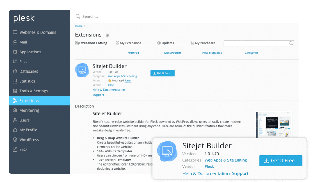 Extension Sitejet Builder intégrée au panneau Plesk