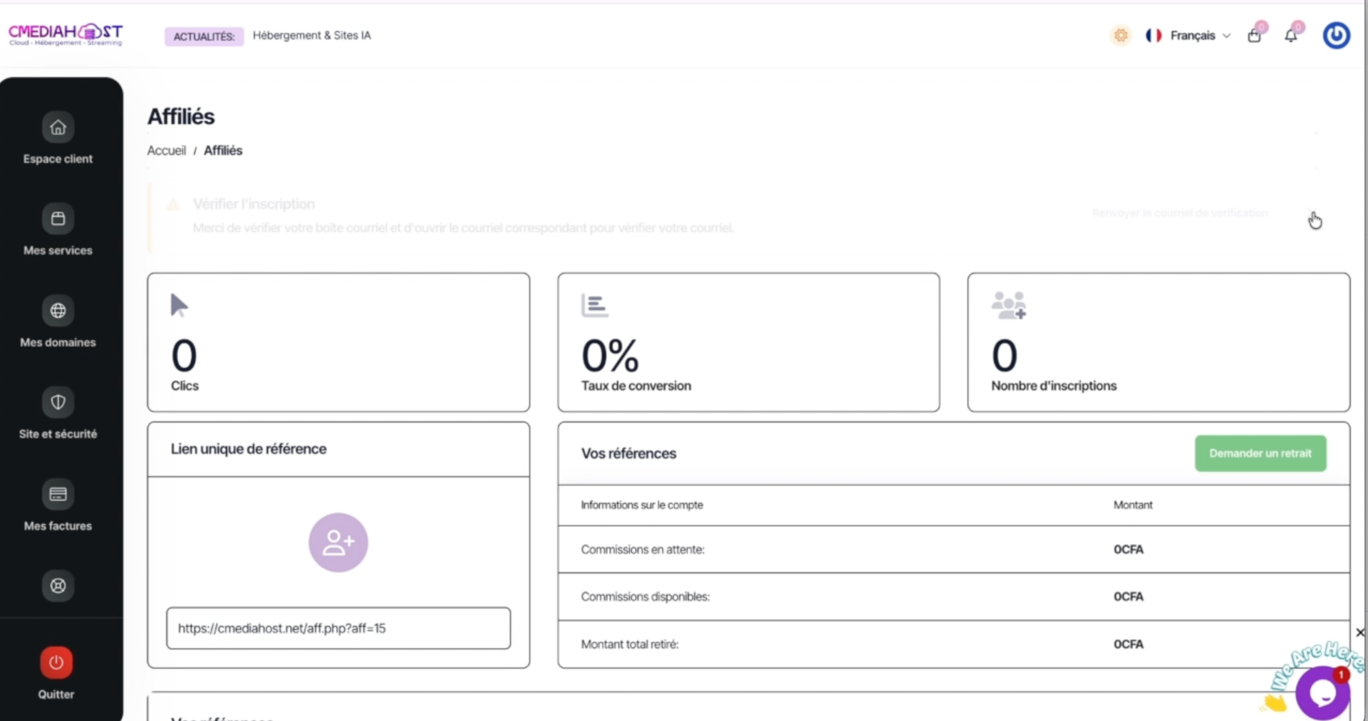 Aperçu du tableau de bord affilié Cmediahost : clics, conversions, commissions et paiements