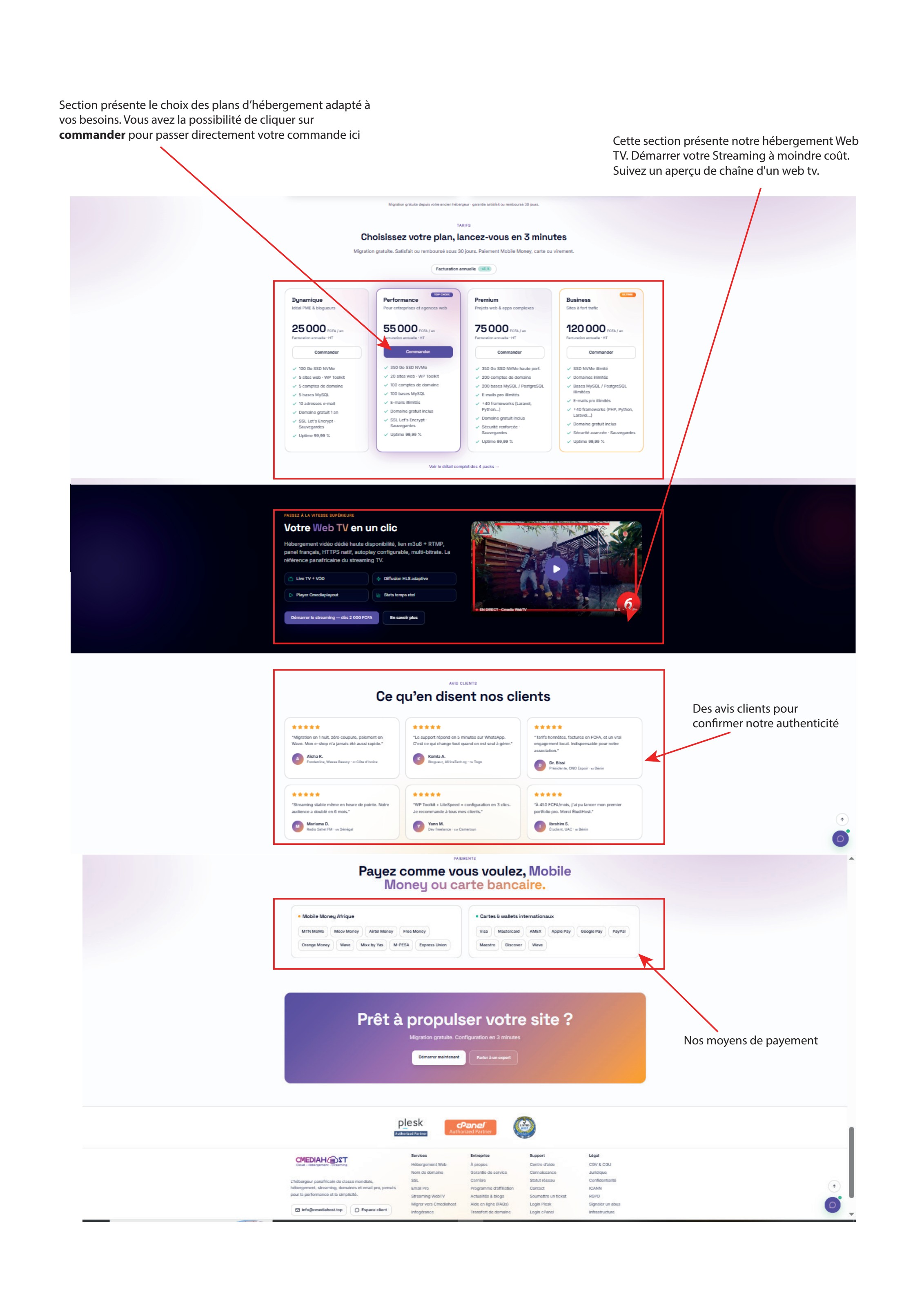 Sections plans d'hébergement, Web TV, avis clients et moyens de paiement sur cmediahost.top