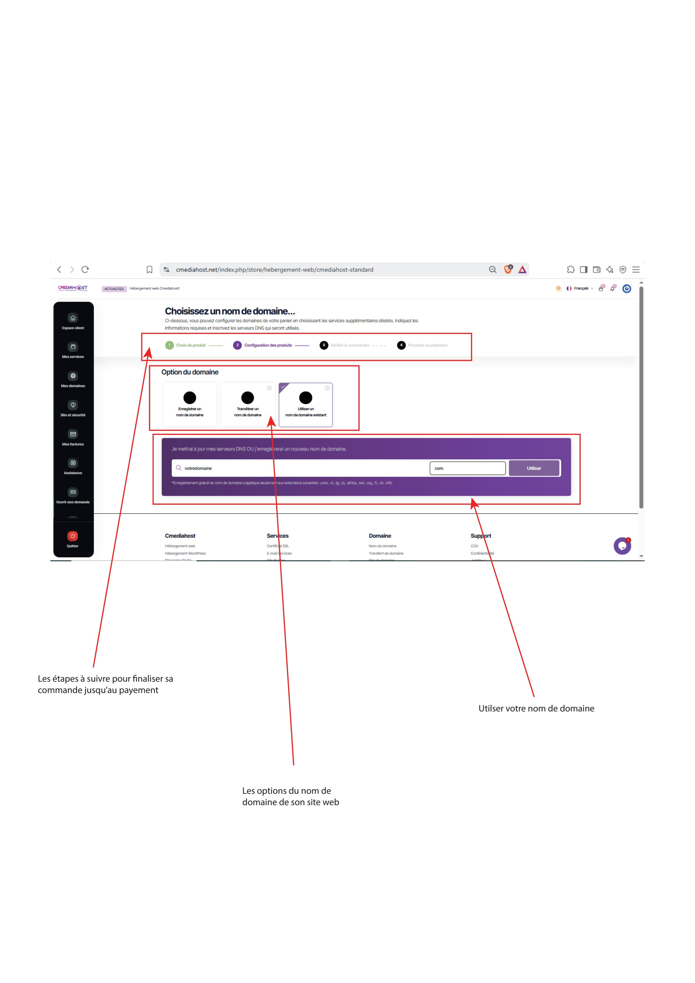Étapes de finalisation d'une commande Cmediahost et options de nom de domaine