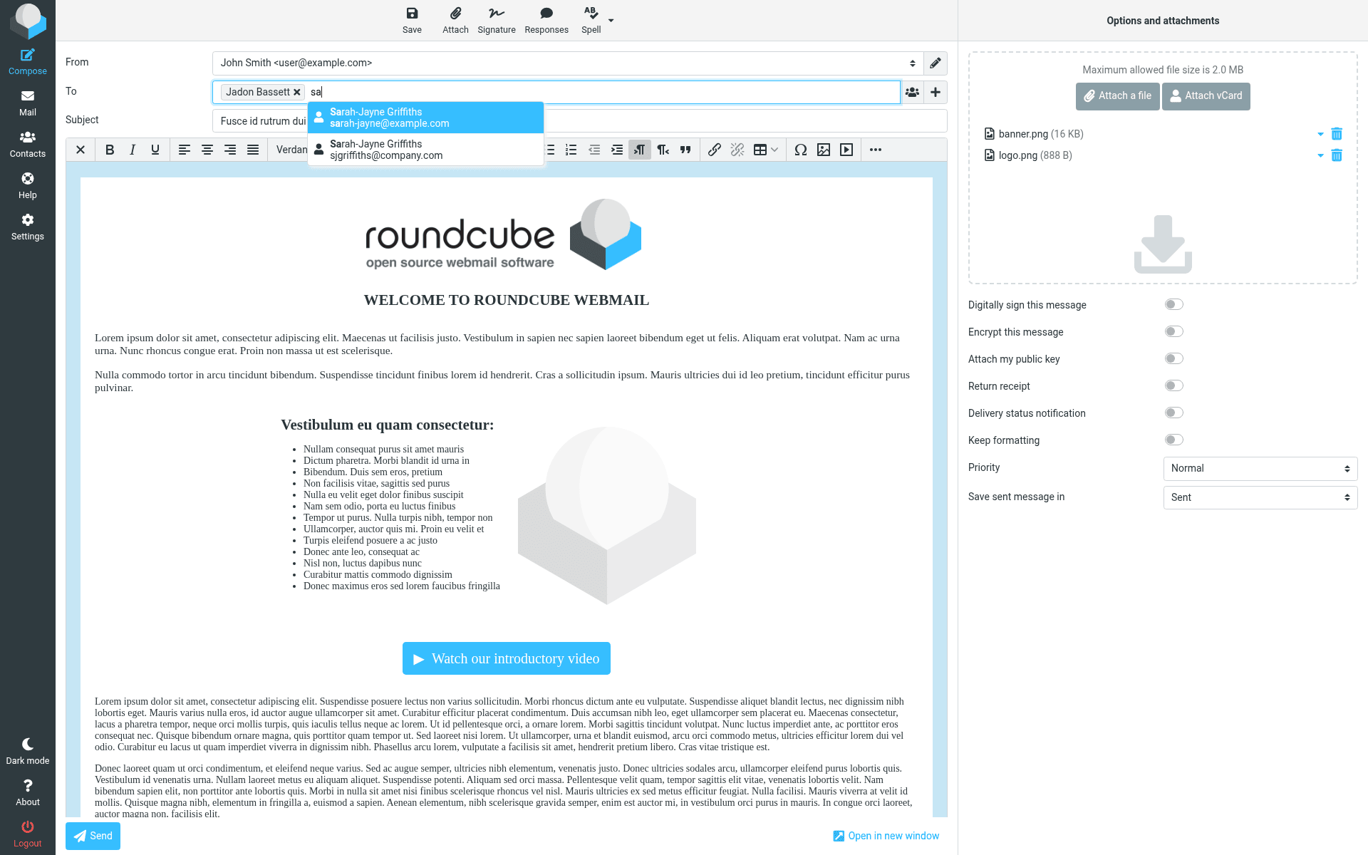 Fenêtre de rédaction d'un e-mail HTML dans Roundcube Webmail