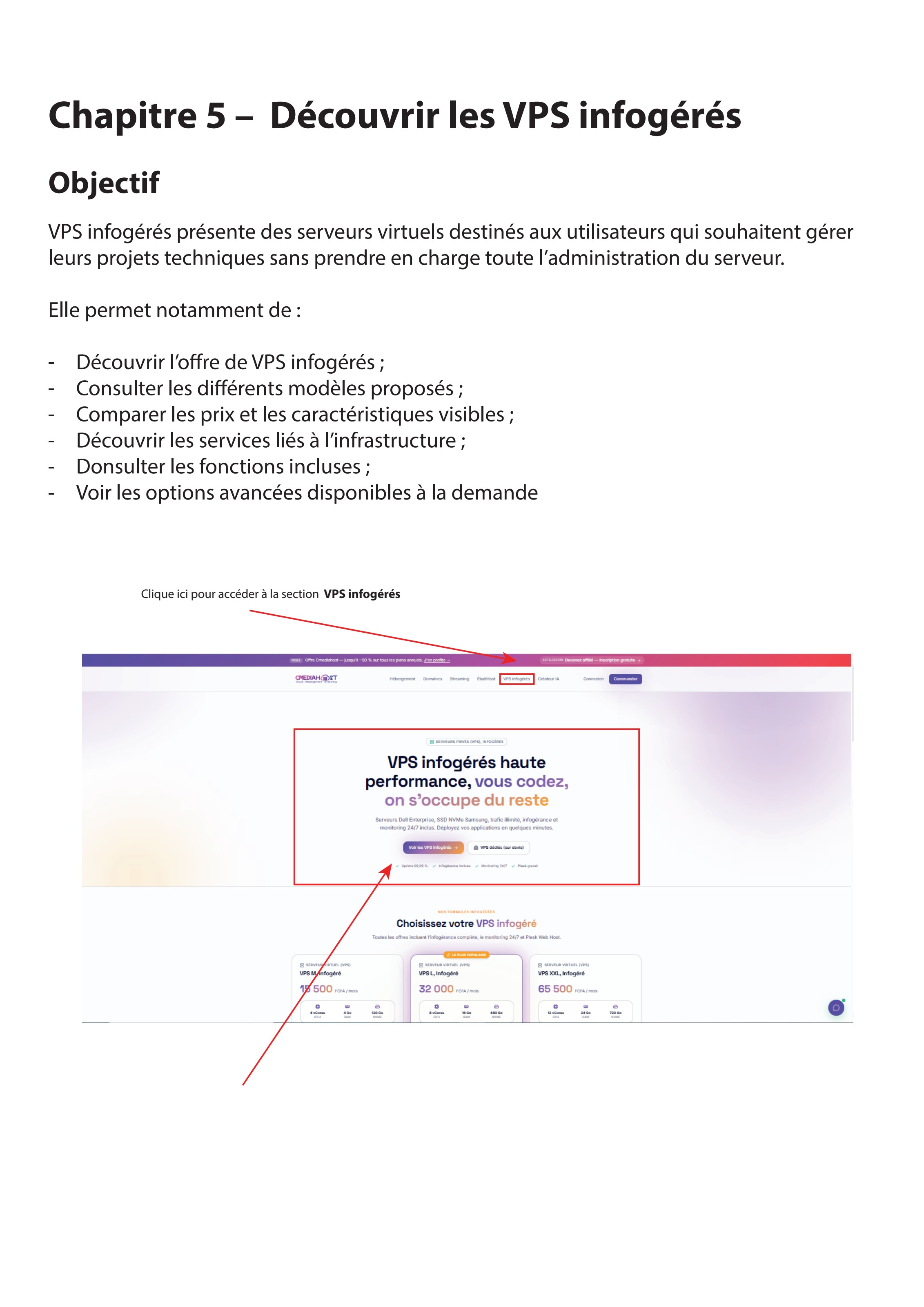 Section VPS infogérés de Cmediahost avec les modèles disponibles