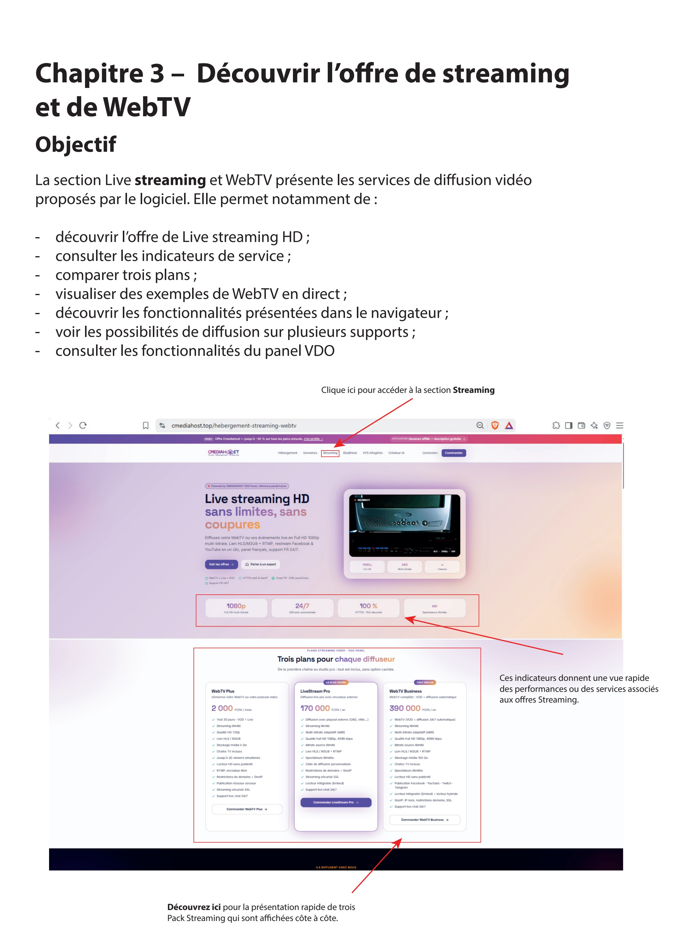 Section streaming et WebTV de Cmediahost avec trois packs de diffusion