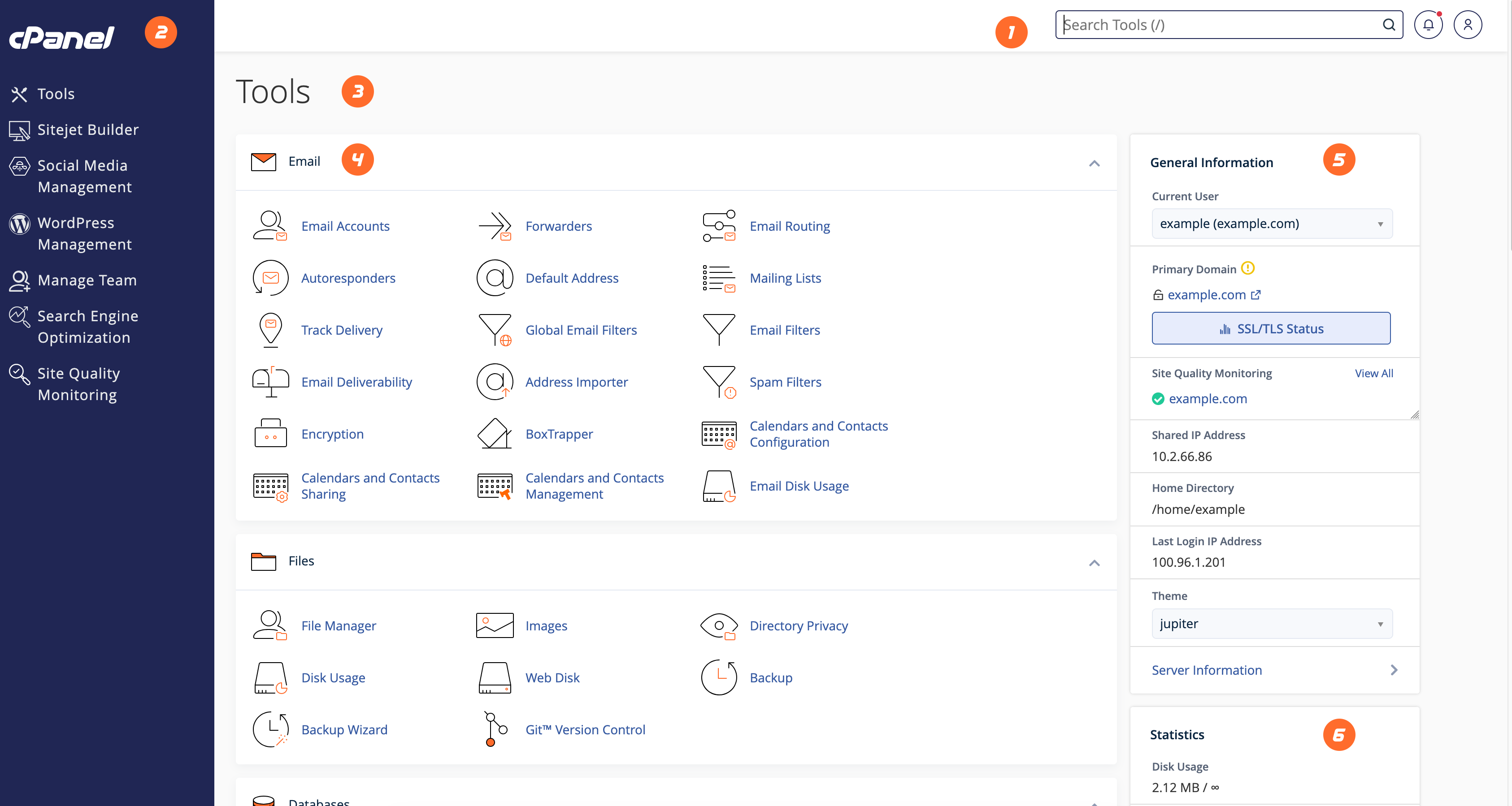 Vue d'ensemble de l'interface cPanel Jupiter avec la barre de navigation, les groupes d'outils et les statistiques