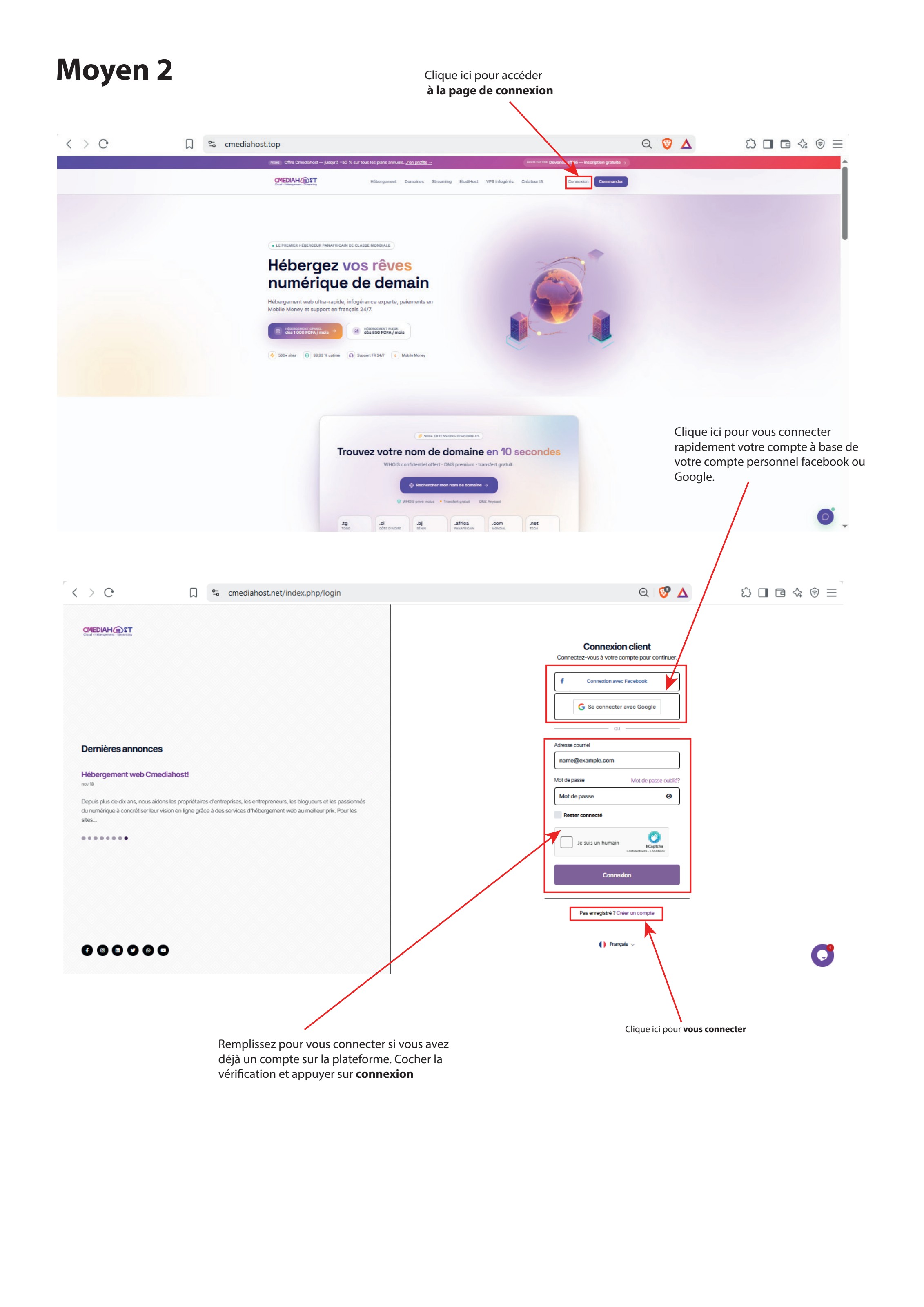 Formulaire de connexion Cmediahost avec connexion sociale Google et Facebook