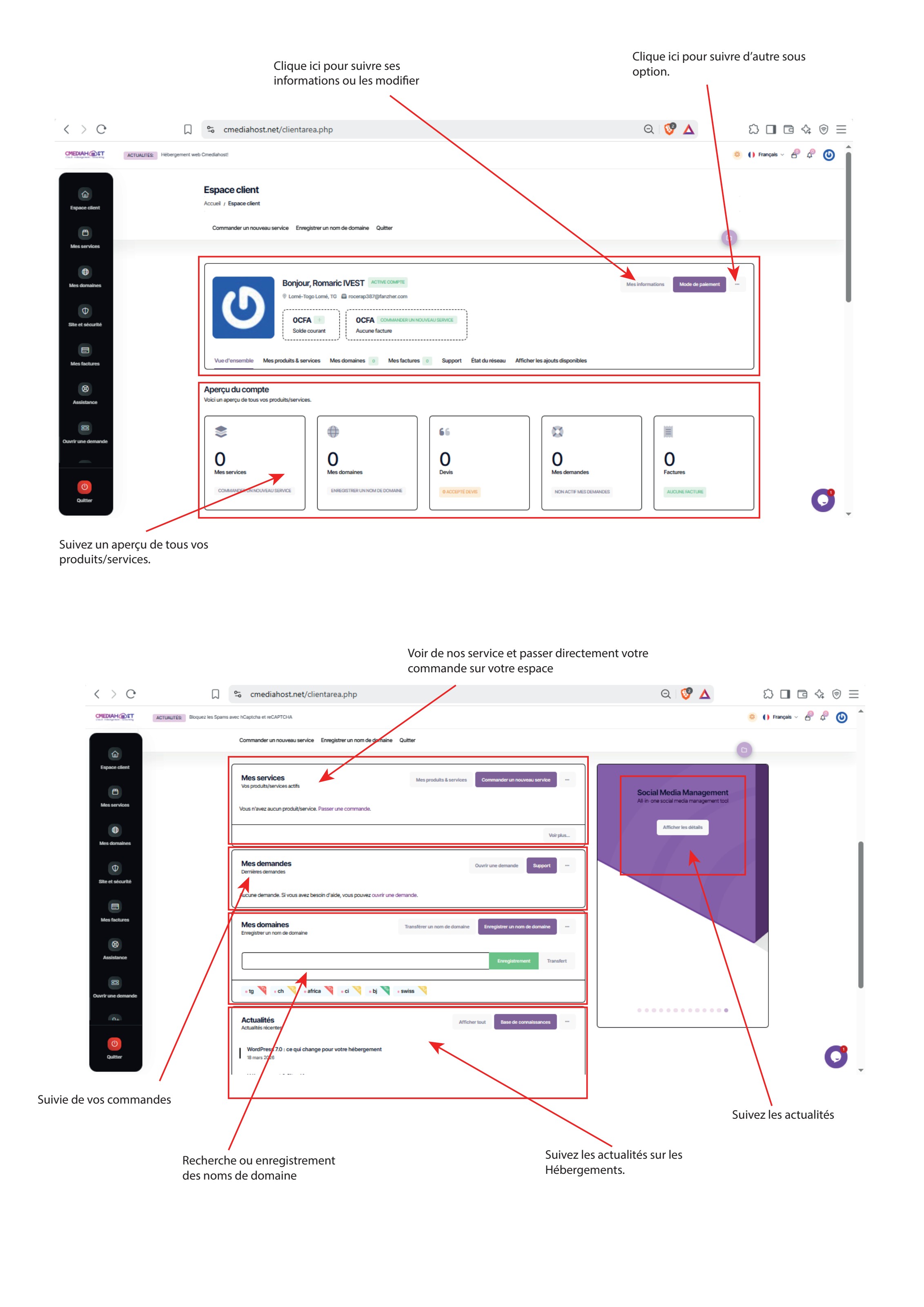 Espace client Cmediahost avec aperçu du compte, services, domaines et factures