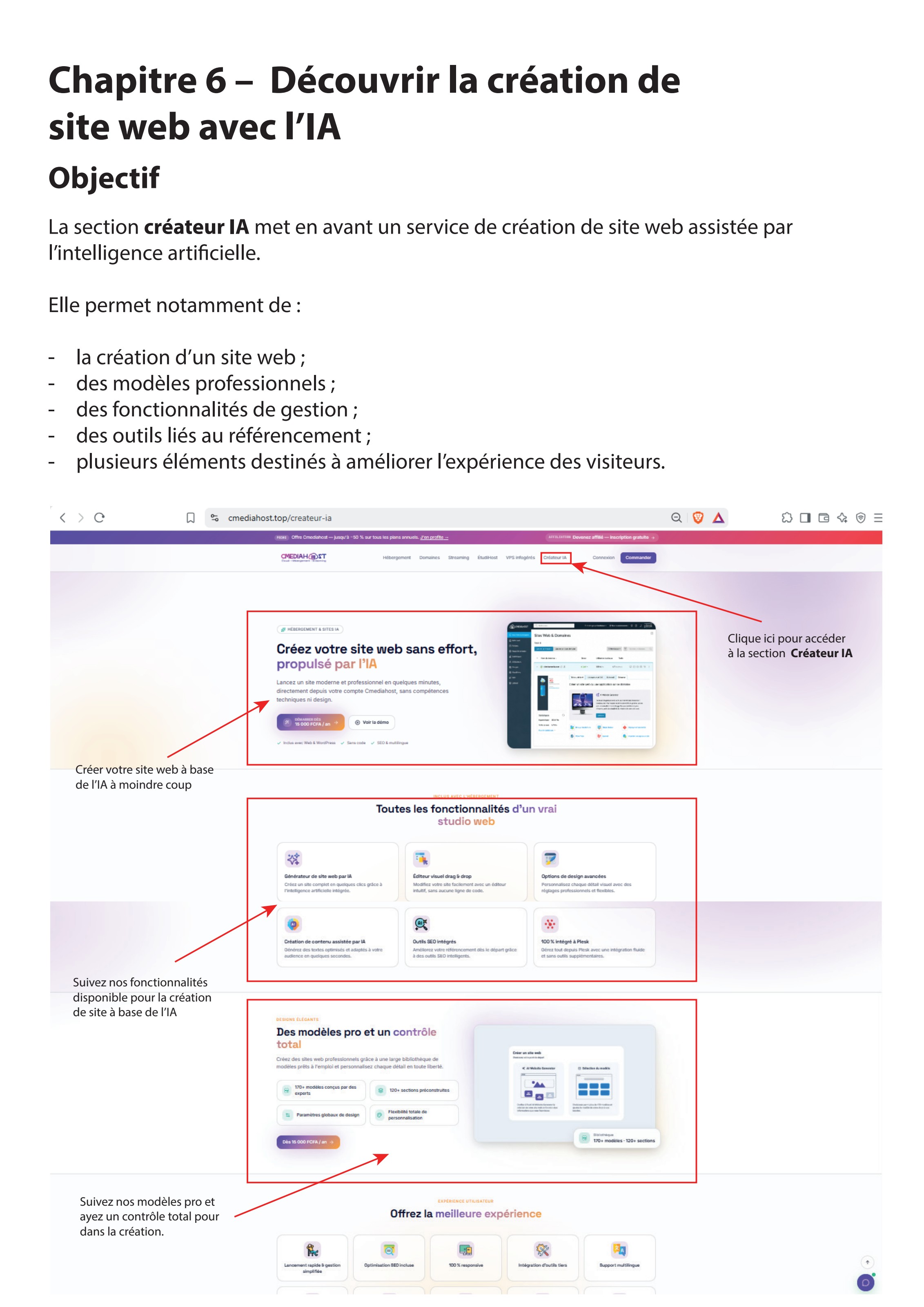 Interface du créateur de site web avec IA sur cmediahost.top