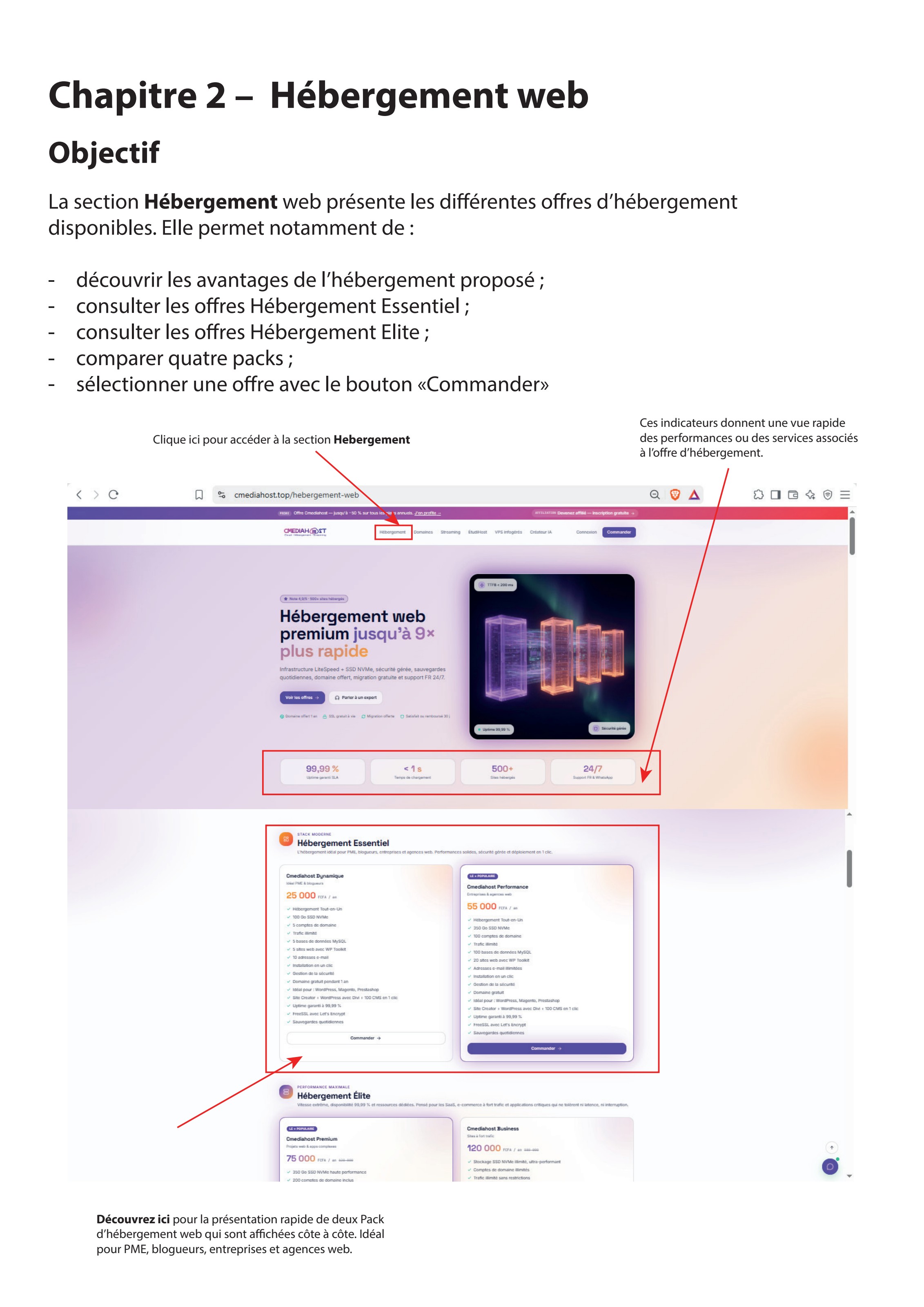 Section hébergement web de Cmediahost avec indicateurs de performance et packs