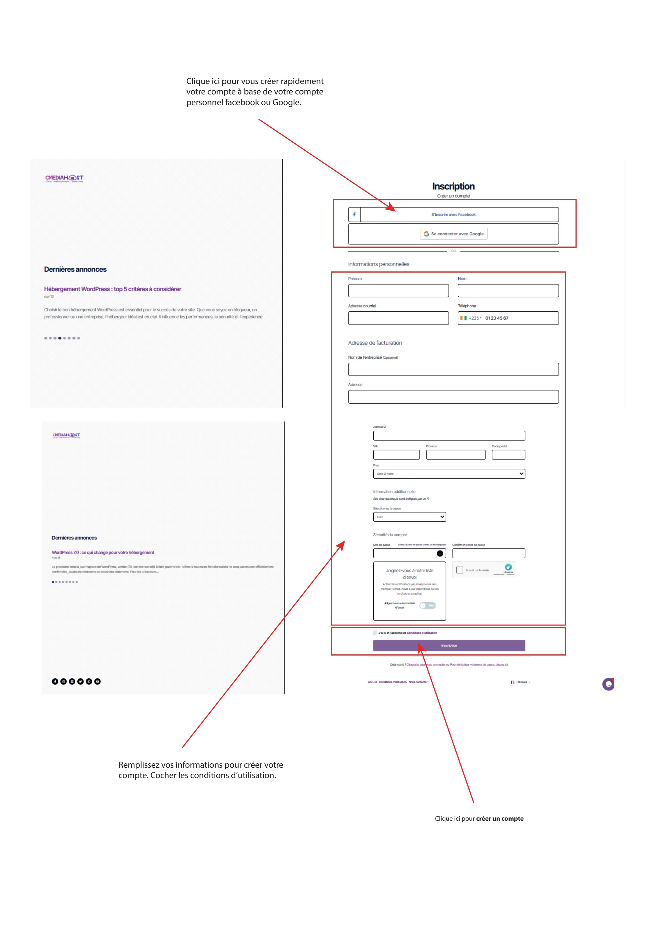 Page d'inscription Cmediahost avec champs d'informations et conditions d'utilisation