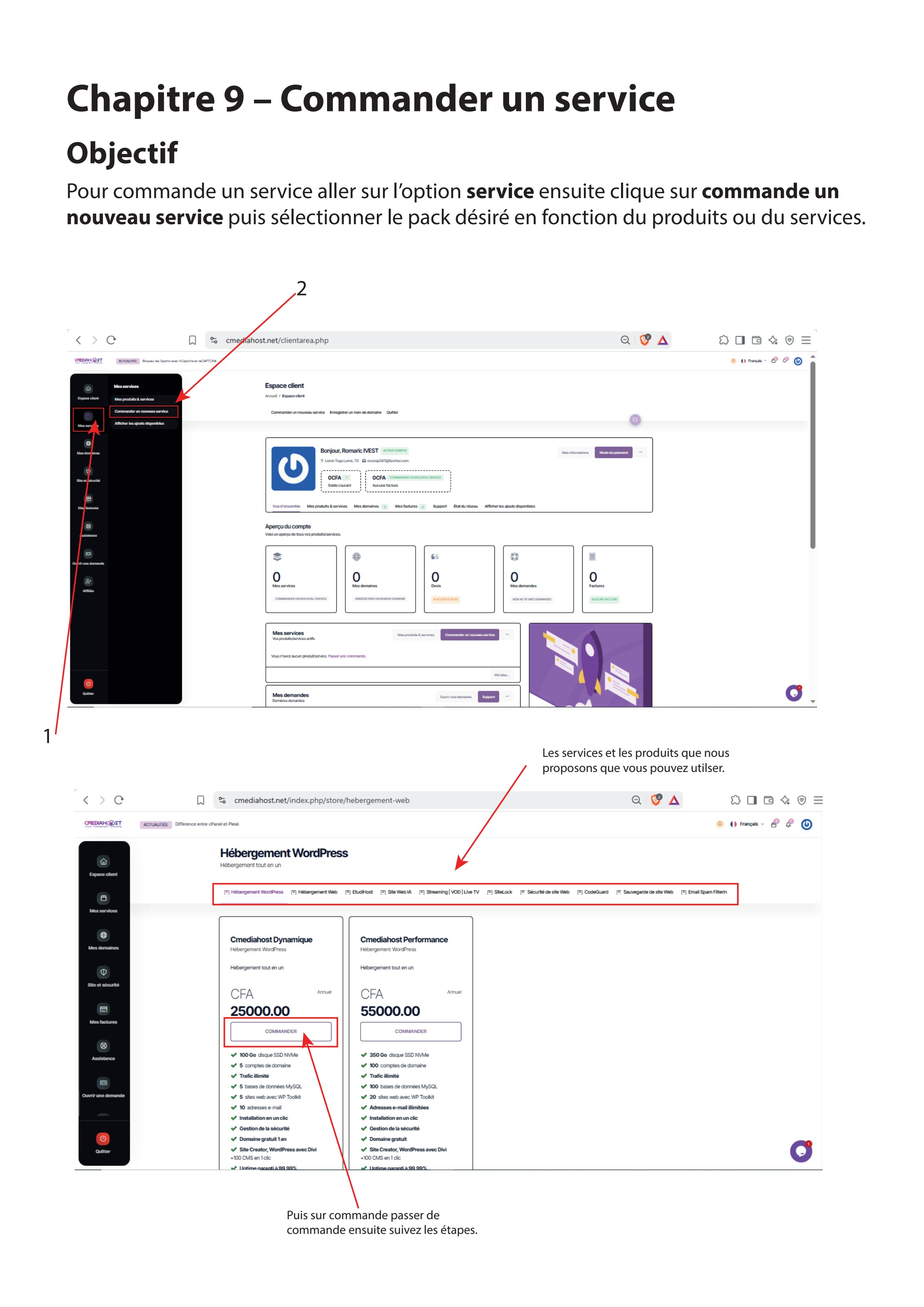 Commande d'un nouveau service depuis l'espace client Cmediahost