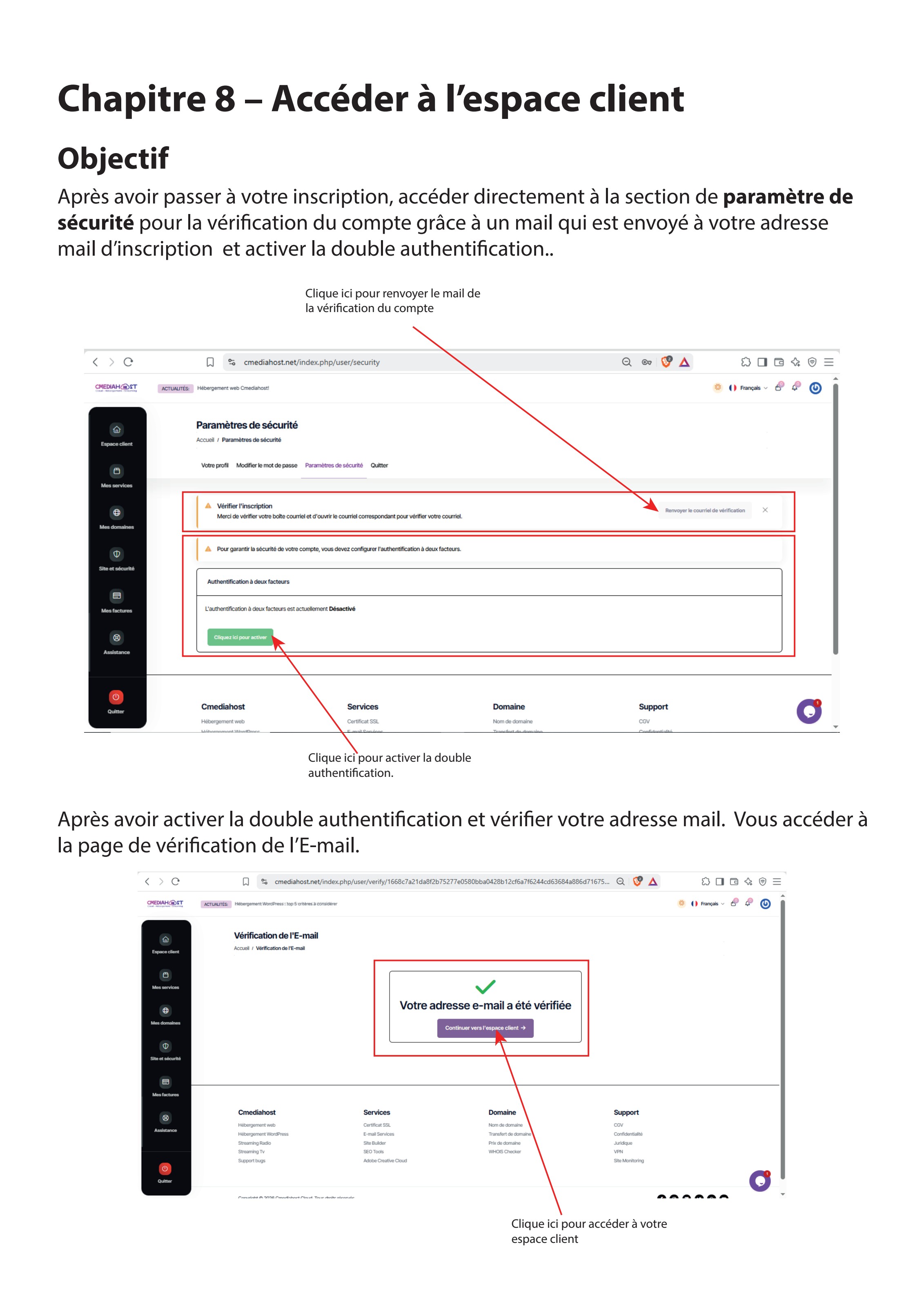 Paramètres de sécurité et vérification de l'adresse e-mail dans le compte Cmediahost