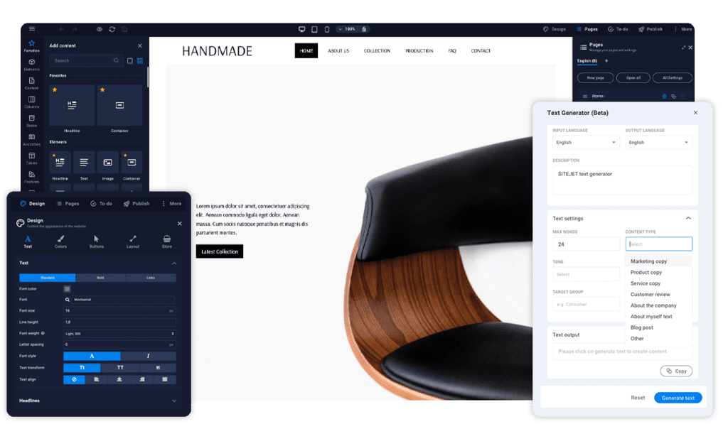 Éditeur visuel de Sitejet Builder dans Plesk en cours d'édition d'un site