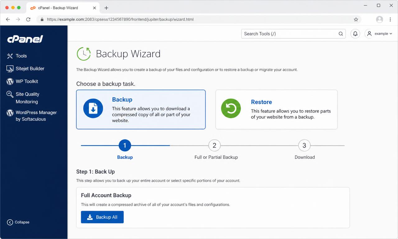 Illustration de l'article Sauvegardes cPanel : Backup Wizard, sauvegarde complète et partielle