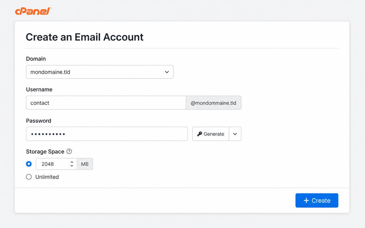 Formulaire Create an Email Account de cPanel avec les champs Domain, Username, Password et Storage Space
