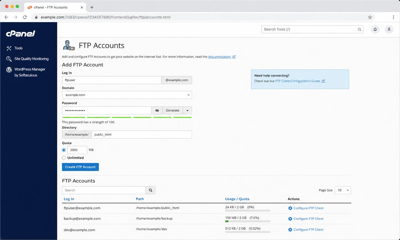 Illustration de l'article Comptes FTP cPanel : création, quotas et paramètres de connexion