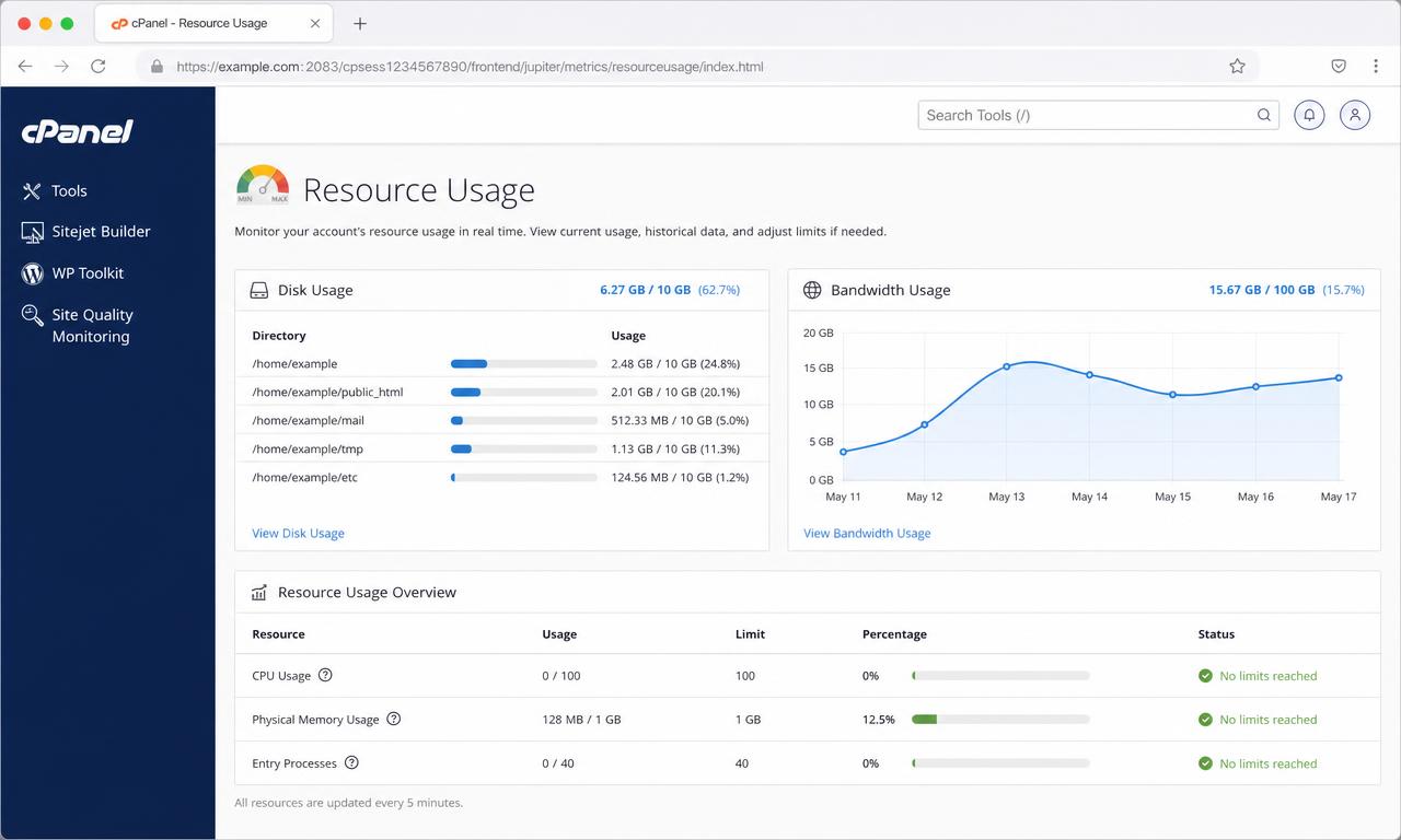 Illustration de l'article Métriques cPanel : disque, bande passante, erreurs et ressources