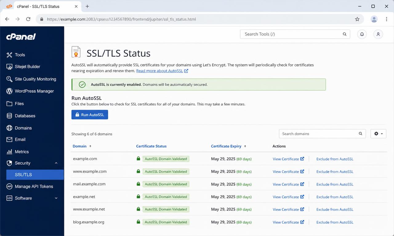 Illustration de l'article SSL/TLS dans cPanel : statut, AutoSSL et HTTPS forcé